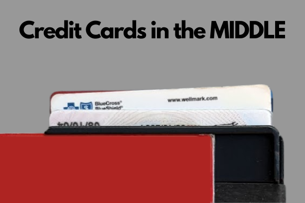 Credit cards in the RFID-protected middle compartment of the Metal Brik wallet